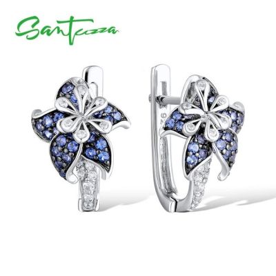 SANTUZZA Silver Earrings For Woman Pure 925 Sterling Silver Blue Pink Star Flower Cubic Zirconia Trendy Fashion Jewelry