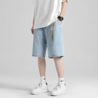 Summer Mens Simple Straight Short Jeans Fashion Casual Belt Decoration Light Blue Baggy Oversize Denim Shorts