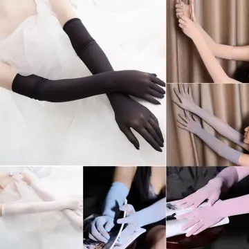 Nude Beige Sheer Seamless Stretch Gloves with Black Fingertips 