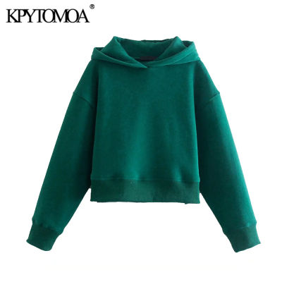 KPYTOMOA Women  Fashion Loose Cropped Ribbed Hoodies Sweatshirts Vintage Long Sleeve Side Vents Female Pullovers Chic Tops