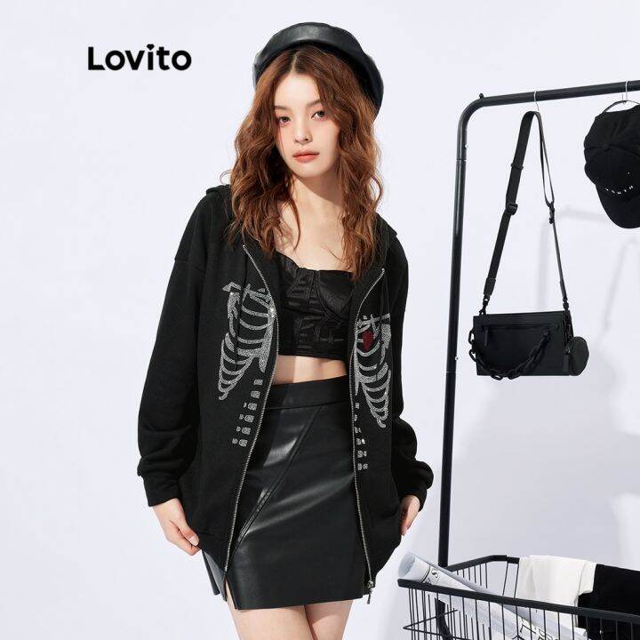 lovito-เสื้อสเวตเตอร์ลำลอง-สีพื้น-ลายโครงกระดูก-ประดับพลอยเทียม-สไตล์อเมริกัน-เรโทร-สำหรับทุกเพศ-l32fw037-สีดำ