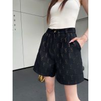 23 New High waist wide leg shorts letter jacquard fabric pleated version two-color casual shorts JHEM sj