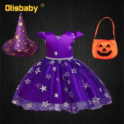 Children Halloween Witch Costume 3Pcs Girls Witch Dress Hat Candy Bag Clothing Set Boutique Girls Star Embroidered Tutu Dress
