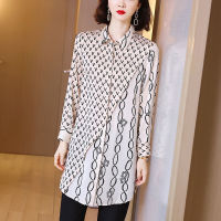 Women Fashion Korean Long Sleeve Polo-Neck Chiffon Shirts Chain Loose Spring Autumn Blouses Asymmetry Mid-Length Tops MM0478