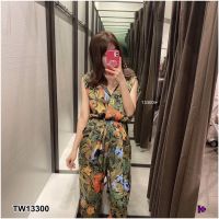 J13300 Jumpsuit จั๊มสูท แขนกุด ลายใบไม้ Leaf print sleeveless jumpsuit