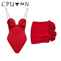 CN 2023เซ็กซี่3D ดอกไม้ ชุดว่ายน้ำกระโปรงผู้หญิง Vintage Push Up ชุดว่ายน้ำสีแดง Beachwear ฤดูร้อนชุดว่ายน้ำ Dress