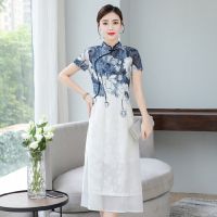 【 Bebo 】2023ใหม่แบบดั้งเดิม Cheongsam หมึกสีฟ้าและสีขาวพิมพ์ผู้หญิงพรรคเดรสย้อนยุคสไตล์จีนที่ดีขึ้น Cheongsam Qipao