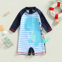 ☄ Kid Children Swimsuit 3/4 Sleeves Round Neck Cartoon Dinosaur Stripes Print Summer Beach Girls Boys Swimwear