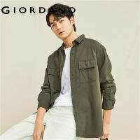 Giordanoผู้ชาย ผ้าฝ้ายแท้หลวมเครื่องมือกระเป๋าแพทช์แขนยาวเสื้อเชิ้ต Free Shipping 01042105