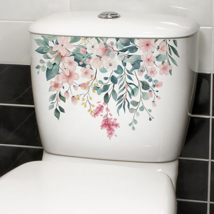 สติกเกอร์ลายดอกไม้ใบไม้สีเขียวสติ๊กเกอร์ห้องน้ำกันน้ำสามารถลอกได้รูปลอกผนังตกแต่งห้องน้ำบ้าน