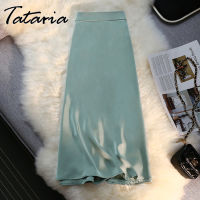 New High Quality Slim Satin Skirt for Women 2022 Simple Elastic Waist Office Lady Skirts Green Elegant Pencil Skirt Mujer Faldas