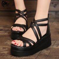 ❡✔℡ HQ054 ใหม่ Wedge ส้นแพลตฟอร์มส้นรองเท้าแตะสายรัดข้ามโรมันรองเท้าแตะผู้หญิง Shoes