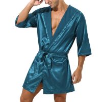 ชุดนอนคู่แขนสั้นผู้ชายเสื้อคลุมอาบน้ำแบบมีหมวกชุดนอนคู่ผ้าไหม Baju Tidur Satin เสื้อคลุมอาบน้ำฤดูร้อนชุดกิโมโนเสื้อคลุมอาบน้ำแบบหลวม