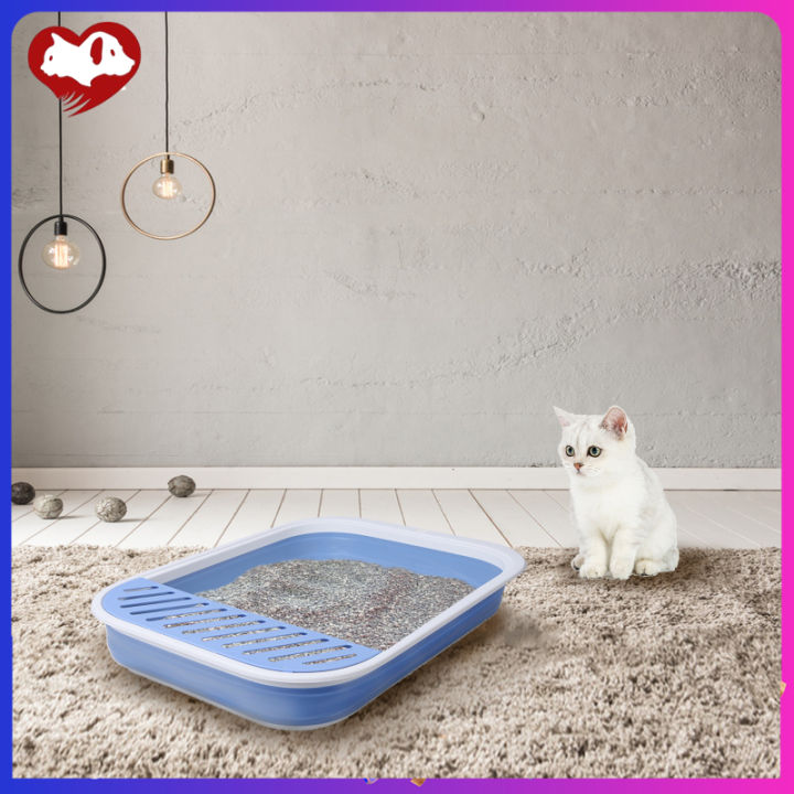 กระโถนกล่องทรายแมวพับได้เปิดได้ถาดใส่ลูกแมวพร้อมอุปกรณ์ทำความสะอาดตักห้องน้ำแมวสัตว์เลี้ยง
