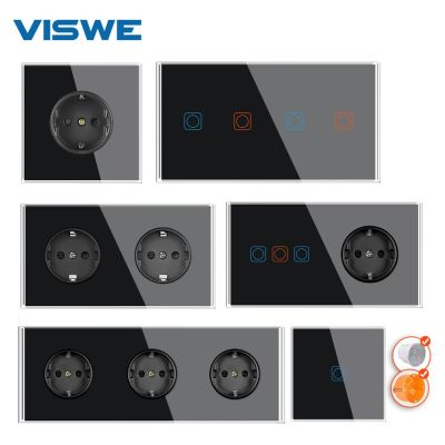 VISWE ระบบไฟฟ้าสวิตช์สัมผัสมาตรฐาน EU และเต้ารับ220V สีดำ16A กระจกเต็มแผงกระจกคริสตัลแบบเทมเปอร์