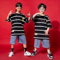 [COD] Hip-hop suit handsome boys hip-hop summer round neck striped short-sleeved loose girls dance childrens fashion