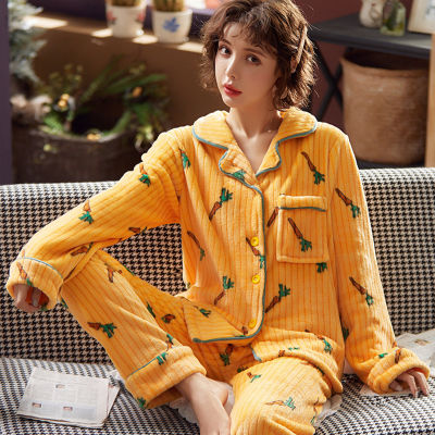 Womens Pajamas Sets Winter Warm Coral Velvet Plus Sleepwear Thick 2pcs Long-Sleeved Pajama For Women Home Clothes Suit Pijama