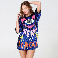 New Summer Womens Tops Love Peach Eye Clear Letter Sequins Long Loose Tshirt Festival Gothic Top Unicornio Fashion T-shirt