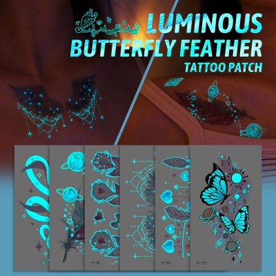 Blue Luminous Tattoo Sticker Music Concert Fake Tatto ButterflyFeather Glowing Waterproof Temporary Tatoo For Body Art Women Men