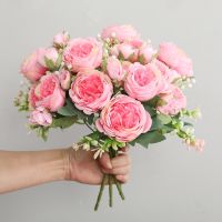 【hot】﹊  Hot Selling 1pcs/30cm Pink Silk Bouquet Artificial 5 Big 4 Small Bud Bride Wedding Decoration Artifi