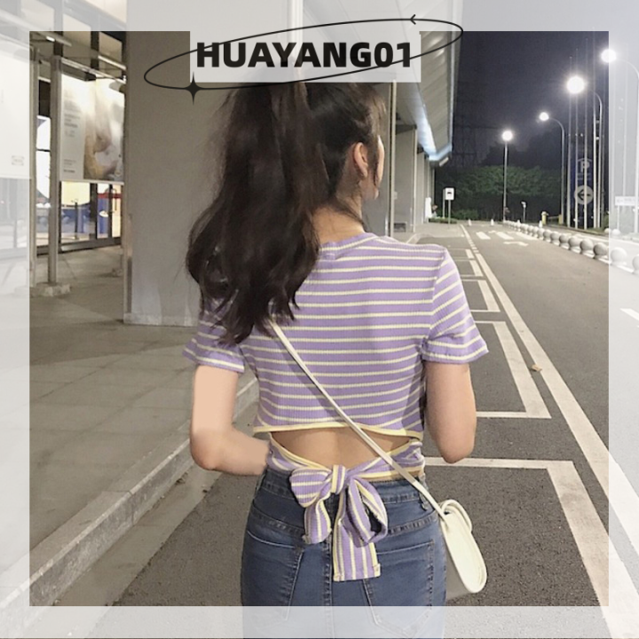 huayang01-2023-new-hot-fashion-lazlook-เสื้อยืดแขนสั้นลายทางสำหรับผู้หญิงเสื้อยืดเข้ารูปคอกลมเปลือยหลังมีเชือกผูก