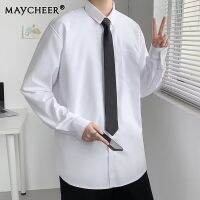 MAYCHEER   เสื้อแขนยาวสีขาวแฟชั่นผู้ชายเสื้อเชิ้ตแฟชั่น Dk เครื่องแบบ