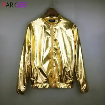 Men Metallic Shiny Silver Gold Lightweight Slim Fit Bomber Jacket