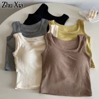 Zhu Xia เสื้อกล้ามแบบมีสายรัดด้านในพร้อมแผ่นรองหน้าอกแขนกุดมีสายรัดคอกลมสีทึบ