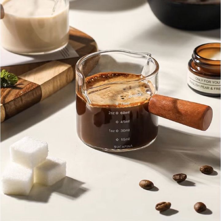 Espresso Shot Glass, 75ml Measuring Pitcher Double Spout Glass Measuring  Cup with Wood Handle and Scale for Coffee Milk