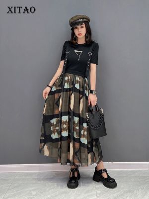 XITAO Skirt Fashion Casual Vintage Plaid Print Straps Skirt