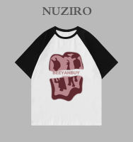 NUZIRO เสื้อยืดแขนสั้นสำหรับผู้หญิง,ผ้าฝ้ายเกาหลีแบบหลวมลายไวน์แดงสีตัดกัน