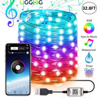 Ligghig บลูทูธคริสต์มาสพู่ห้อยแสง RGB ที่มีสีสันนางฟ้าไฟสตริงเครื่องประดับต้นคริสต์มาสบ้านตกแต่งปีใหม่ LED พวงมาลัย