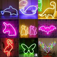 ☬ Animal Neon Led Lights Sign Night Lamp Cat Bat Dolphin Neon Signs For Kids Room Bedroom Decoration Home Wall Personalized Gift