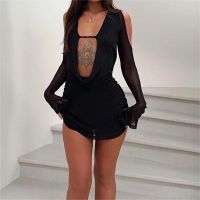 New Fashion Women Black Dresses Casual Party Summer Spring See Through Long Sleeve Cutout Short Dress Club Street Style S M L