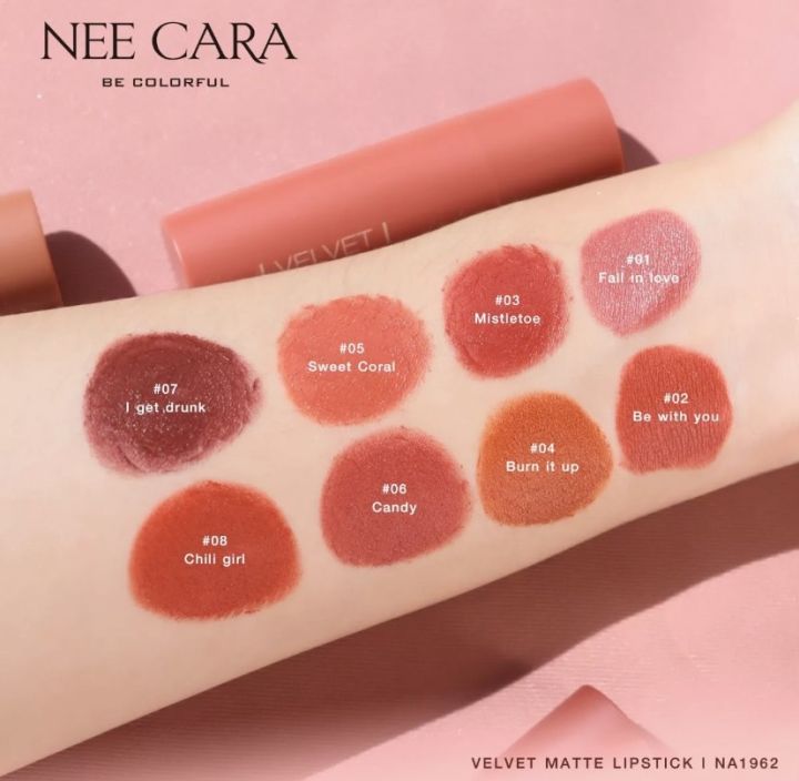 nee-cara-n-1962-04-ลิปสติกเนื้อเวลเวทแมท-นีคาร่าเบอร์-04-สีส๊มส้ม-ส้มสดๆเลยจร่า-เนื้อลิปสีติดดีติดทน-เนื้อเนียนเกลี่ยง่ายไม่เป็นคราบ