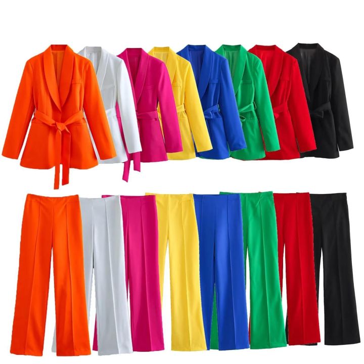 ชุดสูท2ชิ้นเสื้อโค้ท-กางเกงขายาวสำหรับผู้หญิงชุดกางเกงในฤดูใบไม้ร่วงแนวสตรีทแบบหรูหราสำหรับฤดูใบไม้ผลิ