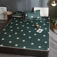 CKBEDROOM  010 เสื่อนอนยางพารา คลุมที่นอน 6 ฟุต 3 ชิ้น พร้อมสำหรับคลุมเตียง สีเขียวเข้ม ลวดลายเดซี่ (หน่าพิเศษ) วินเทจ