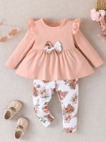 Newborn Baby Girl Clothes Cute Bow Tee Shirt Flower Print Pants Fall Winter 2PCS Outfits for Baby Girl (Purple 12-18 Months)