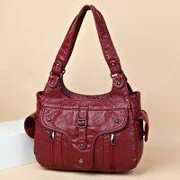 ? กระเป๋าผู้หญิง Retro Rivet Lock Womens Shoulder Bag Advanced Texture Soft Leather Handbag Solid Color Casual Large Capacity