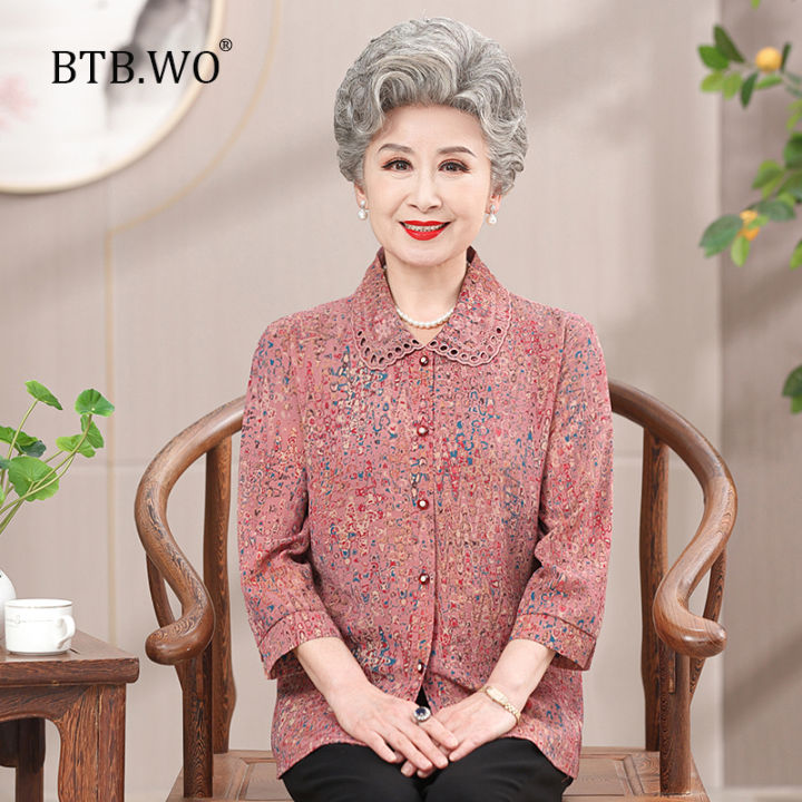 BTB.WO Elderly Grandma Women's silk Shirt Long Sleeve Casual Loose