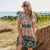 ☒❦☑ Women Casual V Neck High Waist Short Sleeve Print Fashion Spring Summer Bohemia Floral Dress