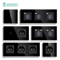 BSEED Touch Light Switch With EU USB Wall Sockets Black Wall Led Switches 1/2/3Gang 1Way Crystal Dark Blue Backlight Wall Switch Electrical Circuitry