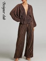 【DT】hot！ Pleated Wide-Leg Pants Two-Piece Sets V-neck Lantern Sleeves Waist Suits Fashion Female Outfits 2022