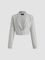 Cider Tweed V-neck Checks Button Crop Blazer