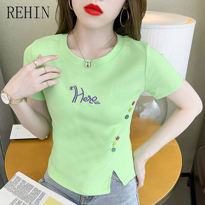 REHIN เสื้อยืดแขนสั้นผู้หญิง,เสื้อยืดแขนสั้นเข้ารูปพอดีเวอร์ชันเกาหลีฤดูร้อนใหม่2023พิมพ์ลายเสื้อติดกระดุมหลากสี