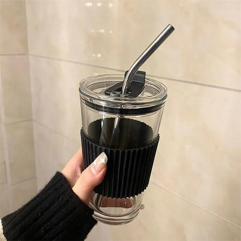 350/450ml Coffee Glass Cup Water Bottle Thick Glass Mug Heat-Resistant Milk  Juice Cup Travel Sealed Non-slip Set Straw Mug