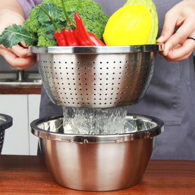 304 Stainless Steel Thicken Colander Strainer Basin Cooker Utensil Mixing Bowl Kitchen Tool Rice Sieve Fruit Washing
