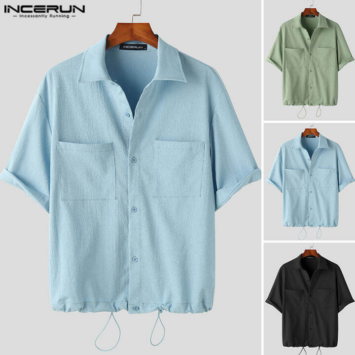 incerun-เสื้อเบลาส์เสื้อเชิ้ตที่มีน้ำหนักเบามีเชือกผูกสำหรับใส่สบายเก็บเอวผู้ชายแขนสั้น-สไตล์เกาหลี