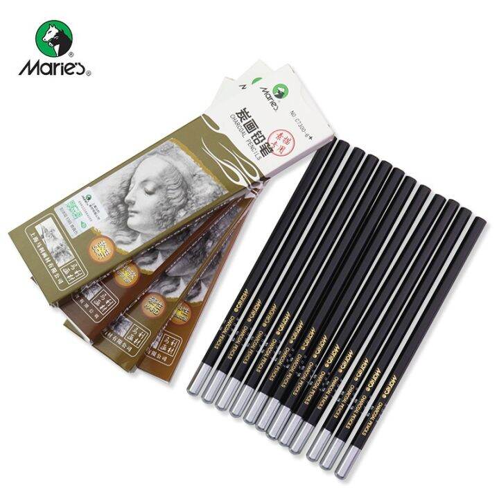 maries-professional-sketch-charcoal-carbon-pencil-12pcs-soft-medium-hard-extra-soft-drawing-charcoal-pens-art-supplies-c7300