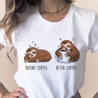 เสื้อยืดผ้าฝ้ายขี้เกียจ Sloth ตลกผู้หญิงเสื้อยืดฤดูร้อนก่อนกาแฟ After Coffee ถ้วยสัตว์ Top การ์ตูนน่ารักหลวมเสื้อยืด,Drop Ship